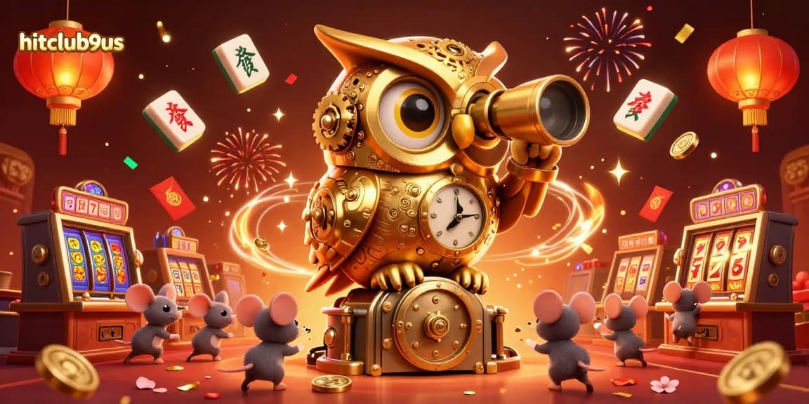 Engage in thrilling slots at hitclub9us featuring an owl and mini mice amidst rich casino elements.
