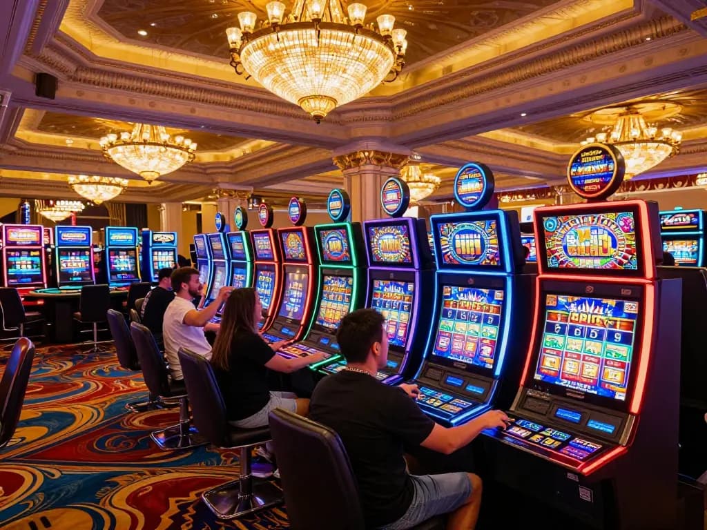 pemain rokok88 menikmati mesin slot yang cerah di pengaturan kasino mewah Las Vegas