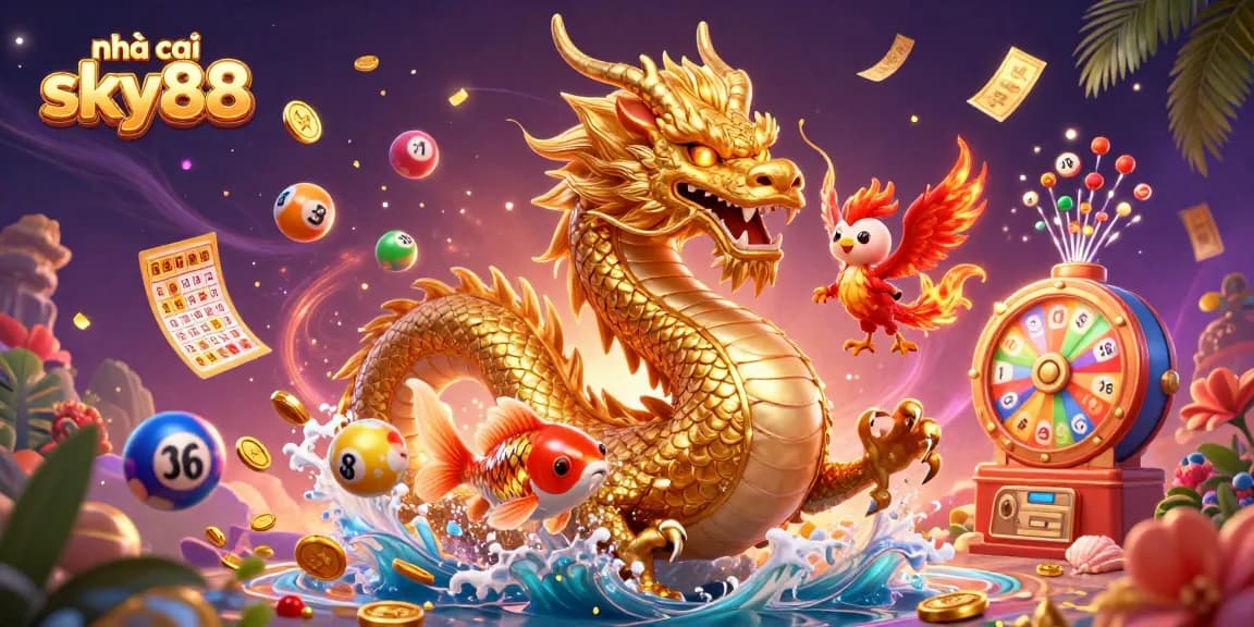 Engage with nhà cái sky88 in this vibrant casino-themed 3D illustration showcasing lucky symbols.