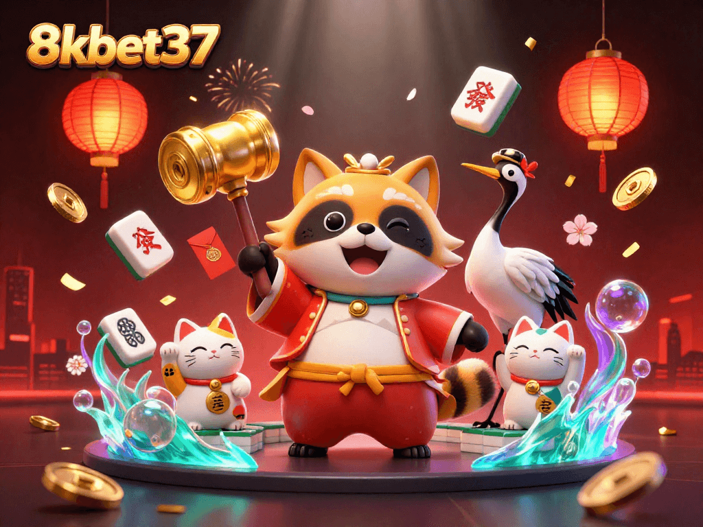 Engage with 8kbet37's vibrant 3D illustration showcasing a lively casino theme with playful characters.