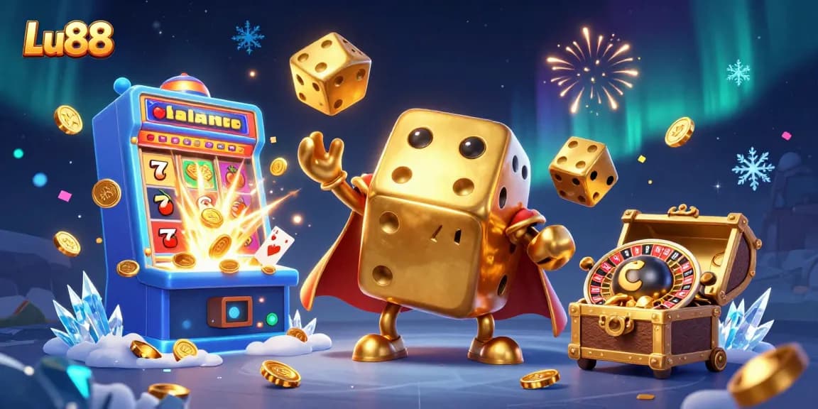Experience thrilling gameplay at Lu88, where golden dice and slot machines create an exciting casino atmosphere.