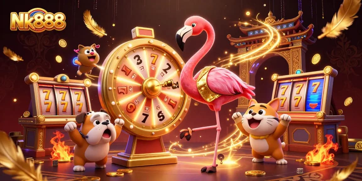 Engage in thrilling gameplay with Nk888 at a vibrant casino, featuring a flamingo host and excited bulldog contestant.