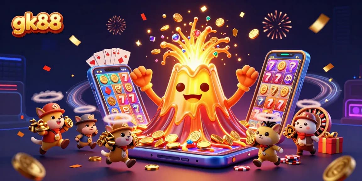Engage in thrilling gaming on gk88 with a vibrant scene of a golden volcano erupting coins and treasures.