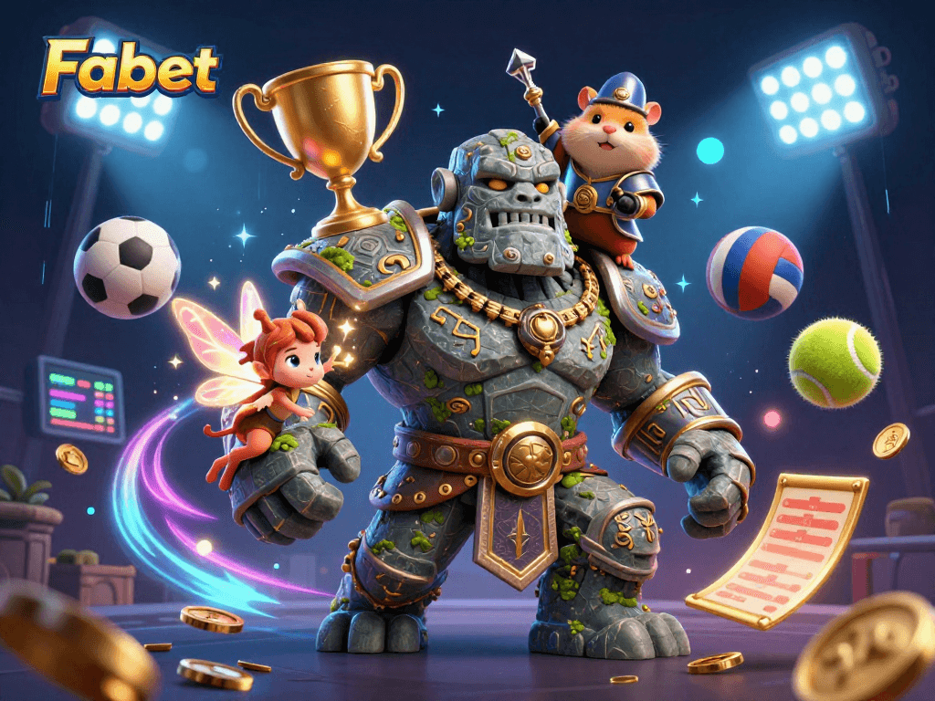 Experience thrilling gameplay at Fabet with a dynamic scene of a golem guardian, fairy, and hamster knight.