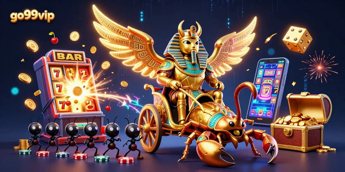 Join the thrilling adventures of go99vip in this vibrant casino scene with golden scarabs and jackpots!