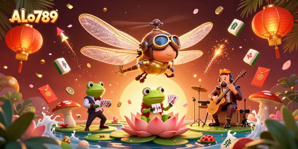 Join the excitement at ALo789 with a vibrant casino scene featuring a dragonfly pilot and frog dealer.