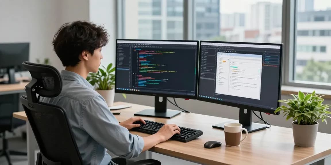 Developer at tech workspace using 快连 software on dual monitors with city view