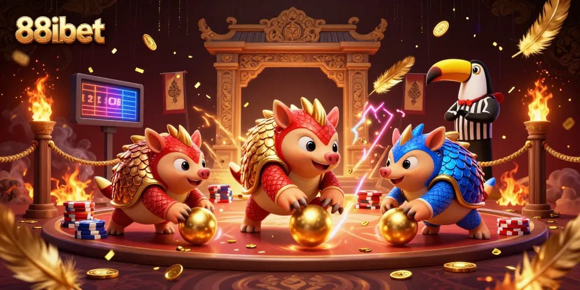 Engage in thrilling gameplay at 88ibet with animated pangolins bowl through poker chips and golden coins.