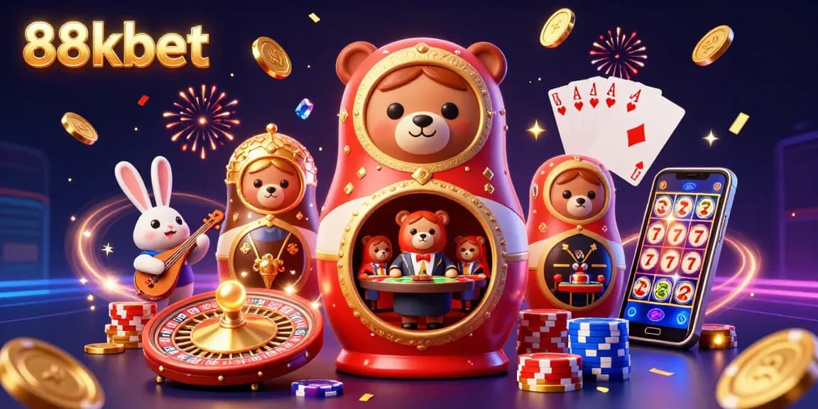 Experience the thrill of 88kbet with vibrant bears and sparkling casino elements in this rich 3D scene.