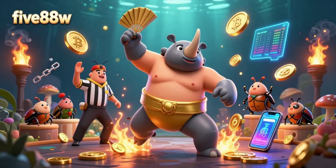 Experience thrilling gameplay with five88w: a vibrant 3D illustration of a sumo beetle champion amidst flying crypto coins.