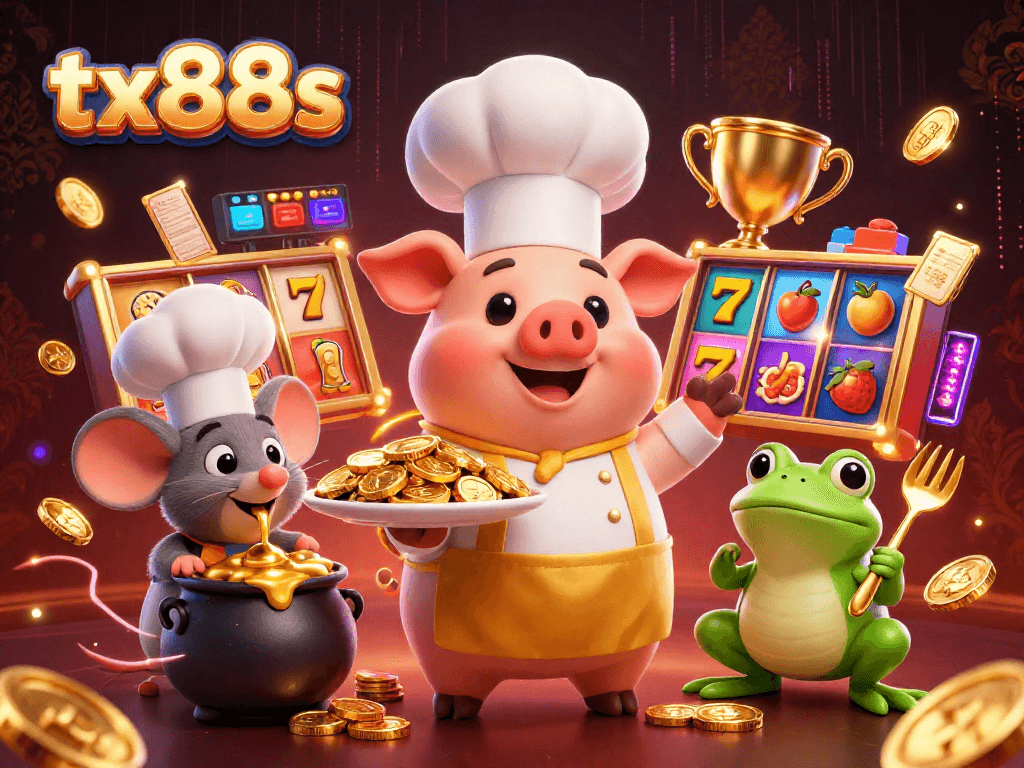 Join the tx88s casino fun with a vibrant scene of a cartoon chef serving gold coins.