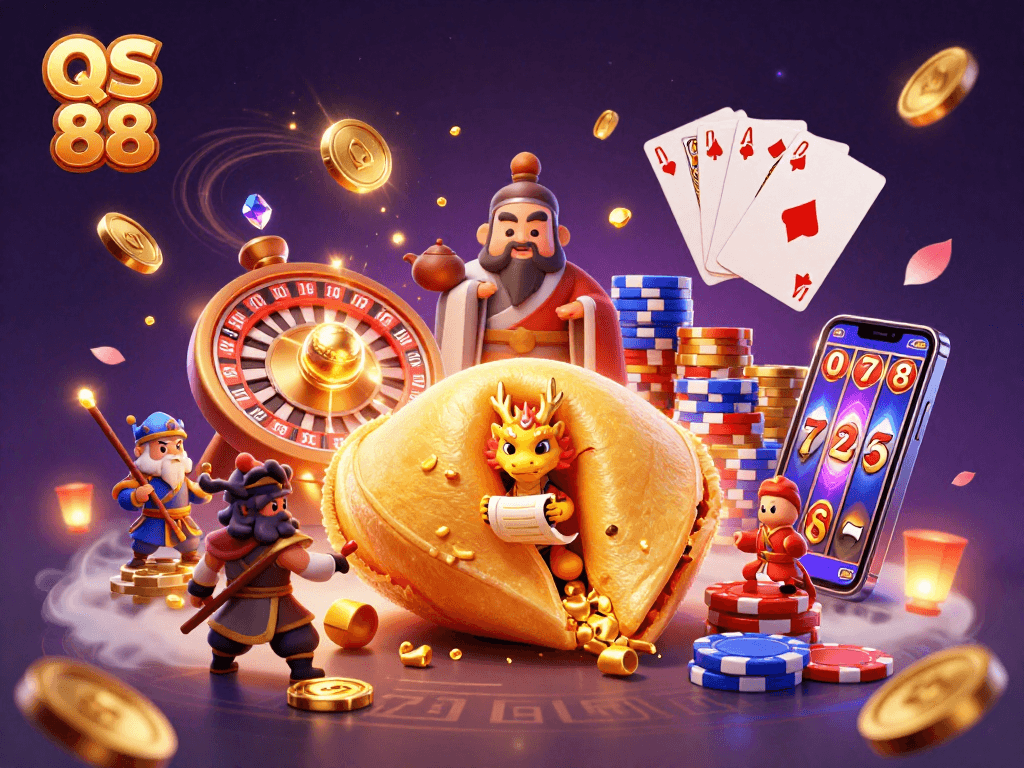 Experience the thrilling world of QS 88 with golden treasures and vibrant casino elements.