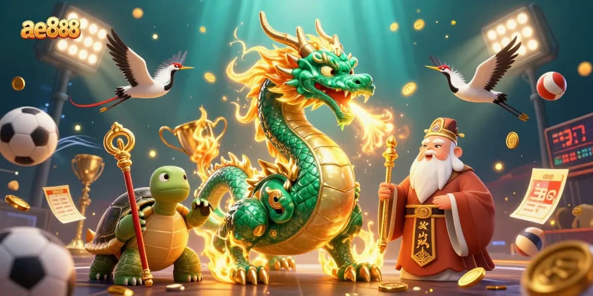 Experience thrilling ae888 gameplay with a majestic dragon, turtle sage, and lucky cranes in this dynamic casino illustration.