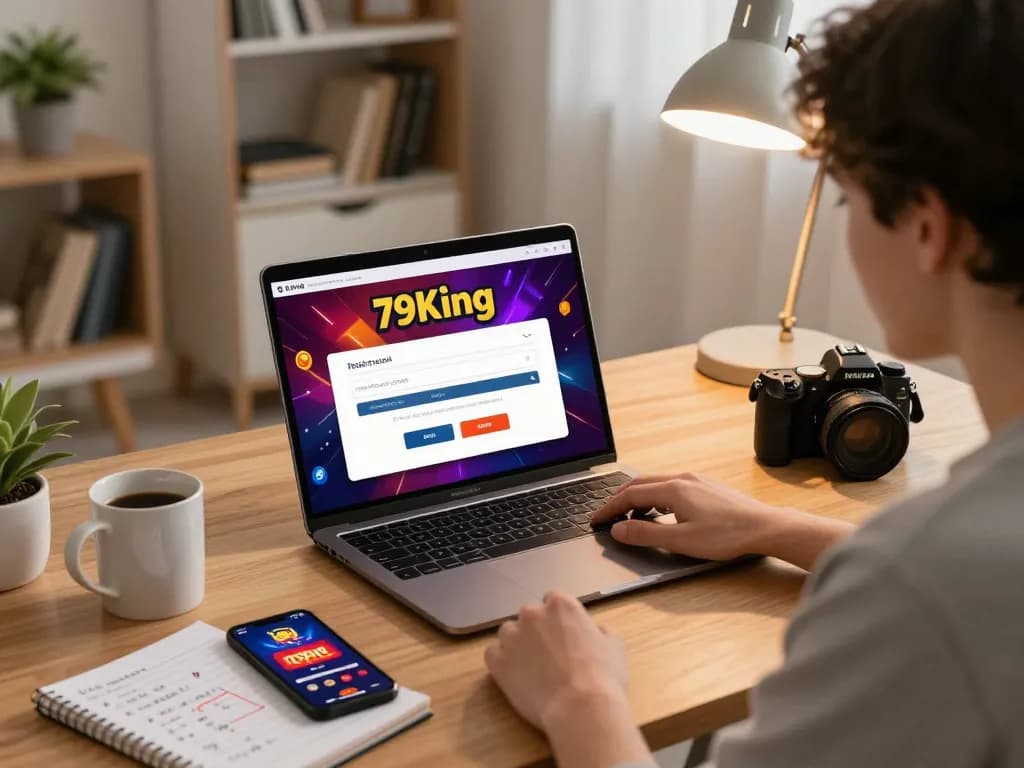 Registering for 79king online gaming with a laptop, showcasing a vibrant interface and strategy notes in a cozy home office.