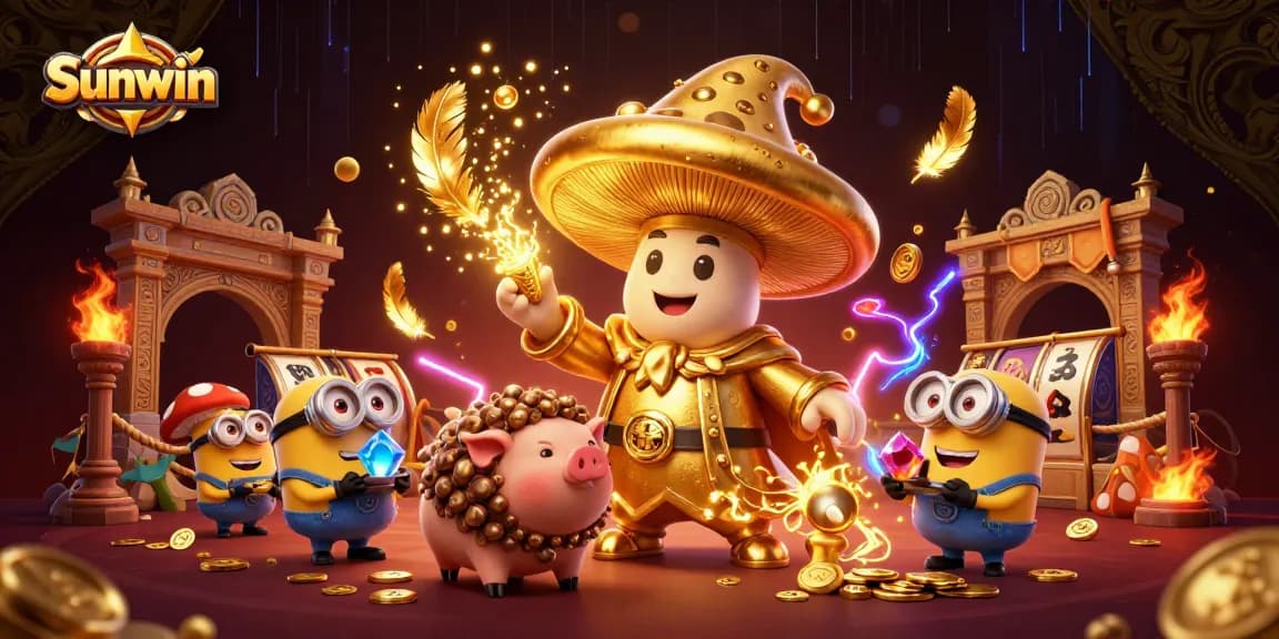 Experience exciting gameplay with Sunwin's golden wizard and treasure-hunting pig in this vibrant casino scene.