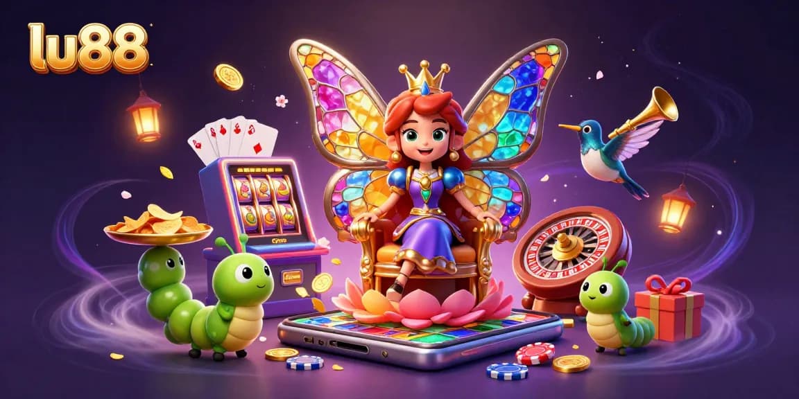 Experience casino magic with lu88's vibrant slot games featuring a butterfly queen reigning amidst golden riches.
