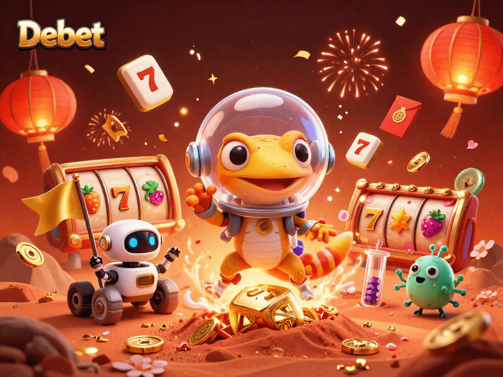 Experience excitement with Debet at a vibrant alien casino, with cheerful characters and immersive elements.