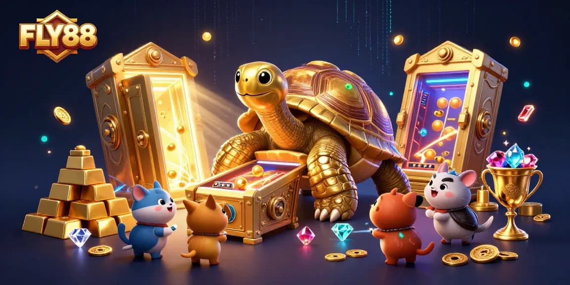 FLY88 casino adventure scene featuring golden tortoise pinball machine and treasure elements.