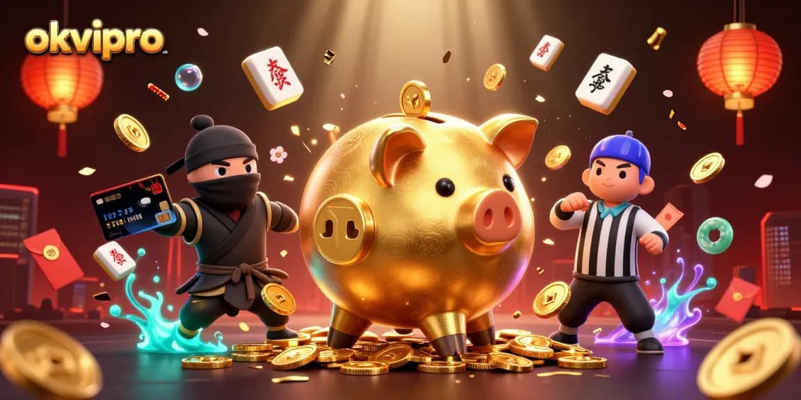 Engage in thrilling entertainment at okvipro with vibrant casino action featuring a dynamic golden piggy bank sumo wrestler.