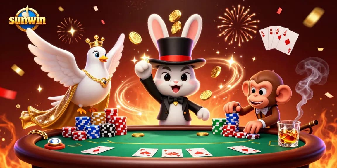 Experience the thrilling sunwin gaming scene with a magical rabbit, dove, and playful monkey in action.