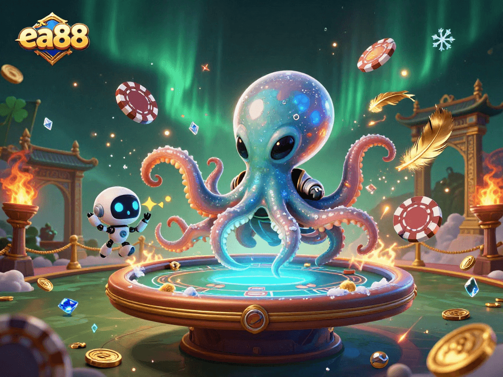 ea88 gameplay with an alien octopus at a holographic poker table, enhancing online betting excitement