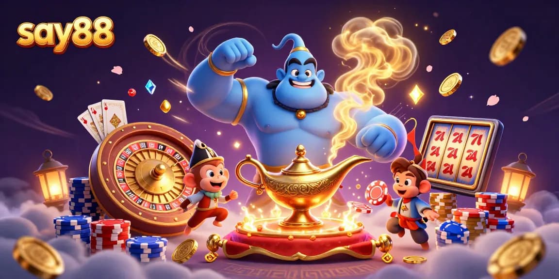 Experience excitement at say88 with a vibrant 3D casino illustration featuring dynamic game elements.