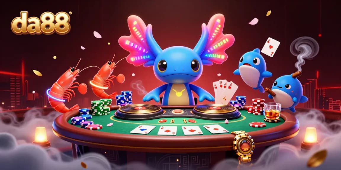 da88 players enjoy the vibrant casino scene featuring colorful cartoon characters and poker elements.
