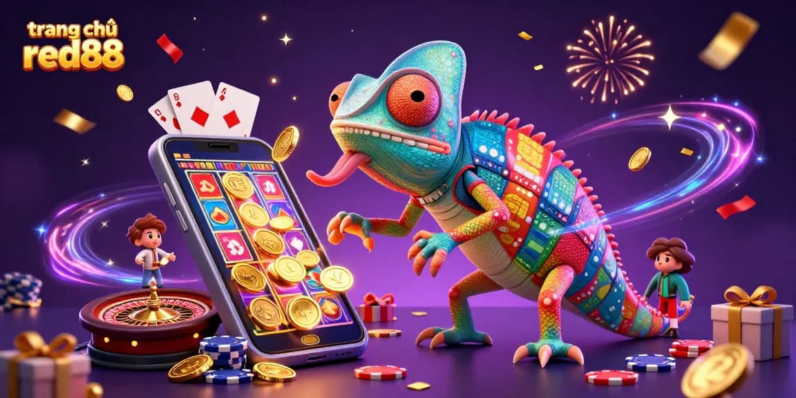 Experience excitement at trang chủ red88 with vibrant 3D casino illustrations featuring a colorful chameleon and slot games.