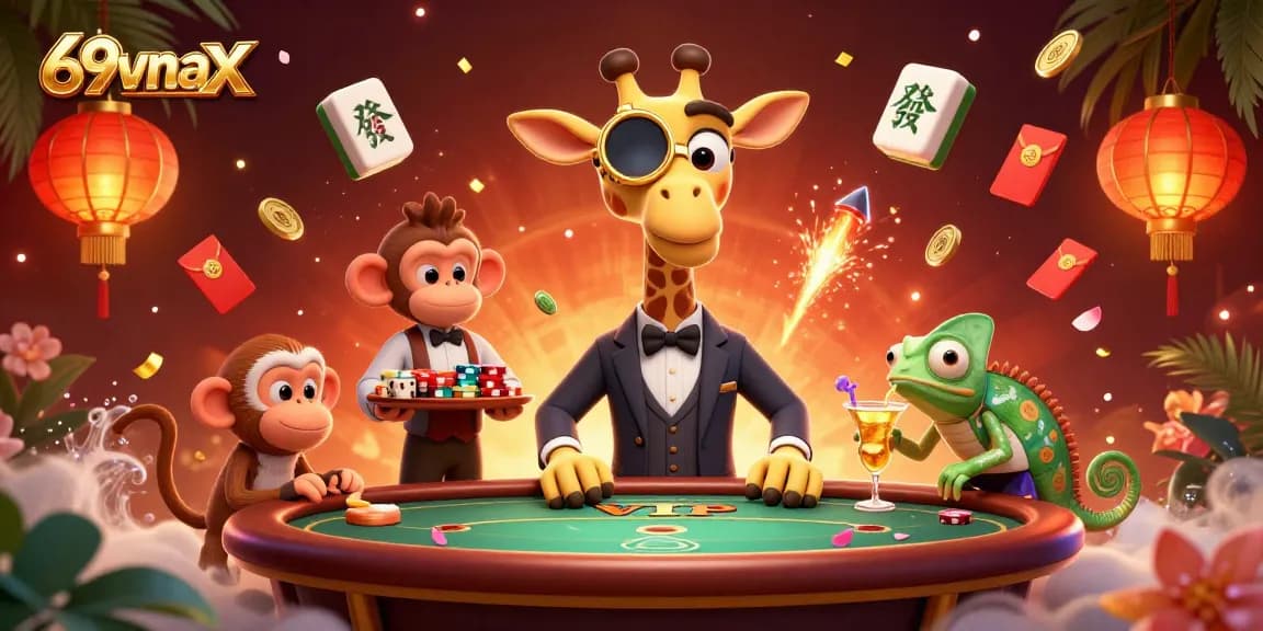 Win big at 69vnax with a whimsical giraffe gambler at a VIP poker table.