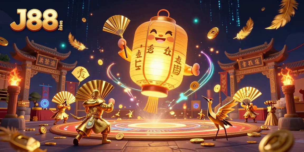 Experience the excitement of J88. com with vibrant casino-themed 3D illustration of lantern spirits and warriors.