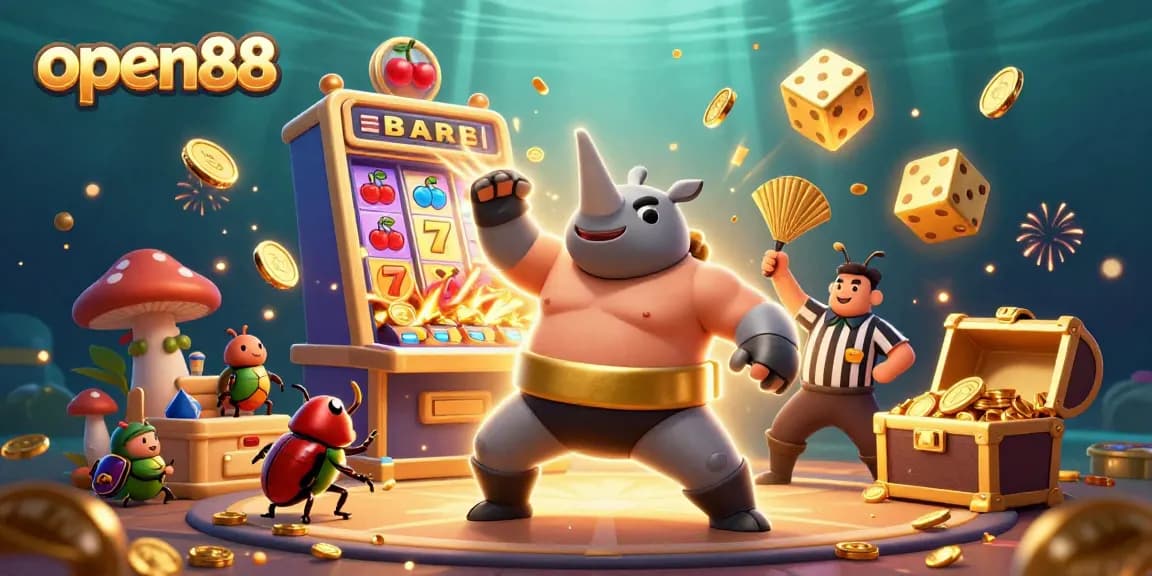 Engage in thrilling gameplay at open88 with a vibrant scene featuring sumo beetles and a jackpot explosion.