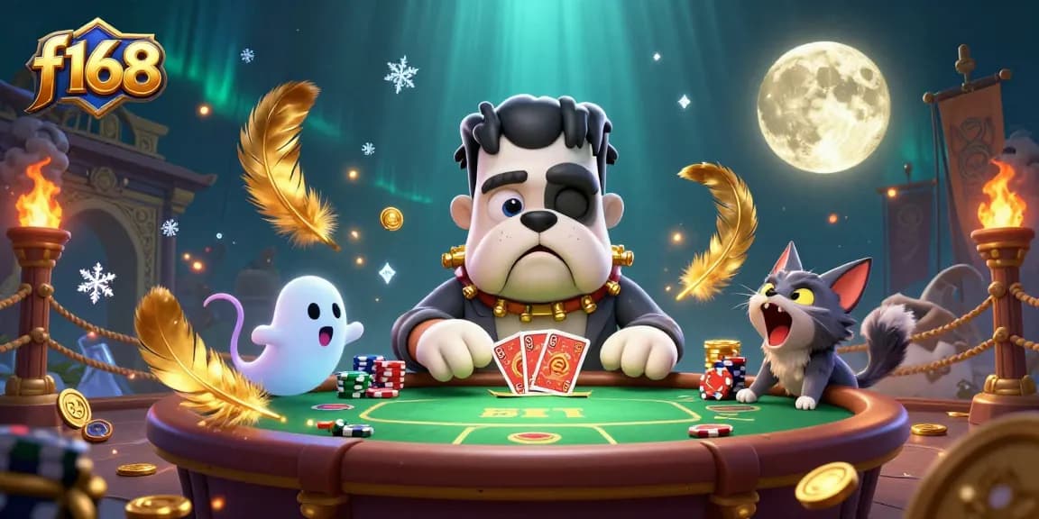 f168 poker gaming scene with a Frankenstein bulldog and a werewolf kitten dealing cards
