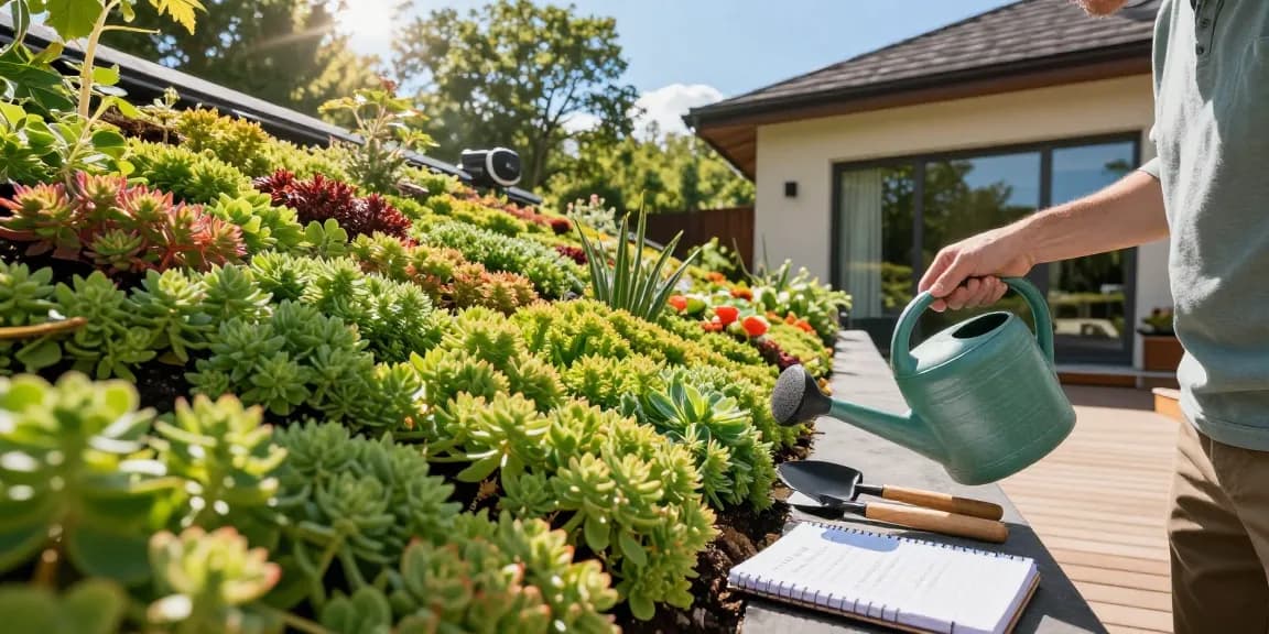 Levendig sedum dak schuin landschap met huiseigenaar die op een zonnige dag planten watergeeft.