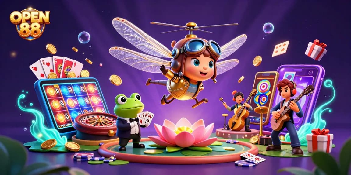 Experience the excitement of OPEN 88 with vibrant casino illustrations depicting gameplay and dynamic characters.