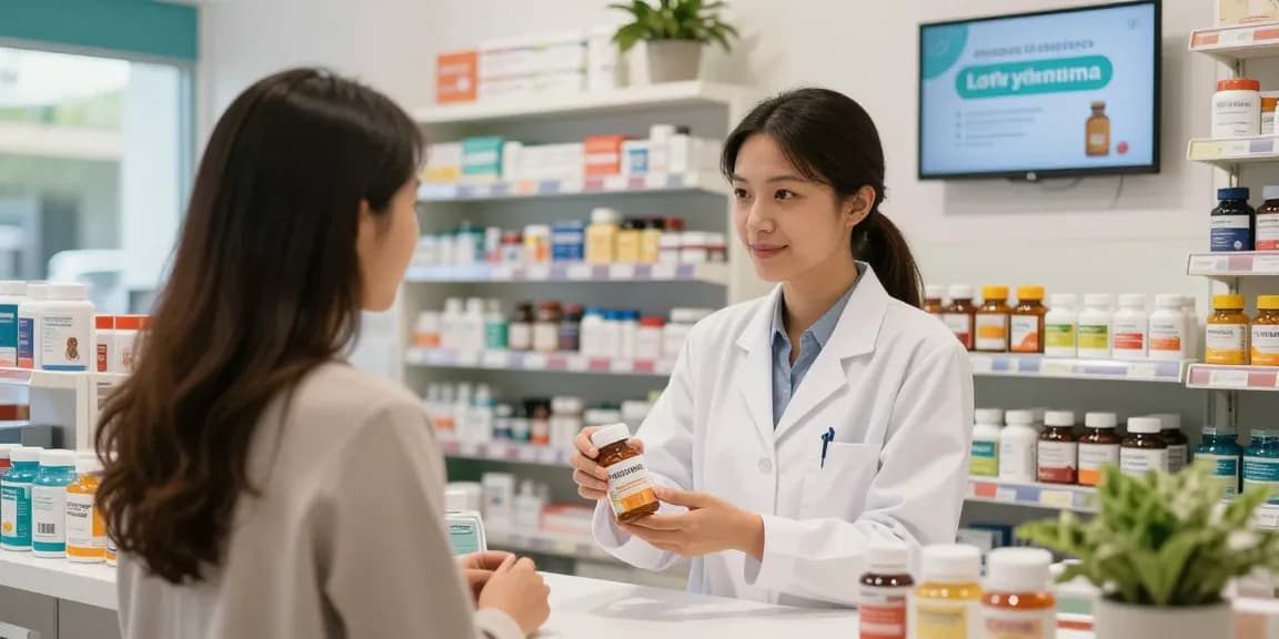 Unieke Pharma Shop met apotheker die klant adviseert over supplementen en vitamines.