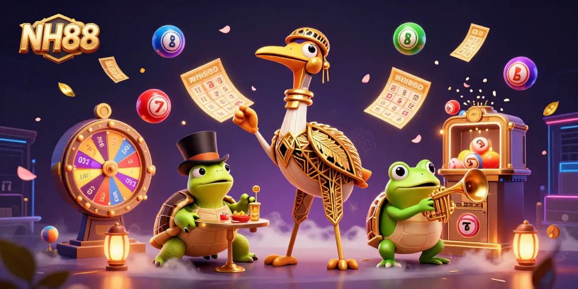 Engage with NH88's colorful lottery scene featuring animated elements like bouncing lottery balls and a vibrant prize wheel.