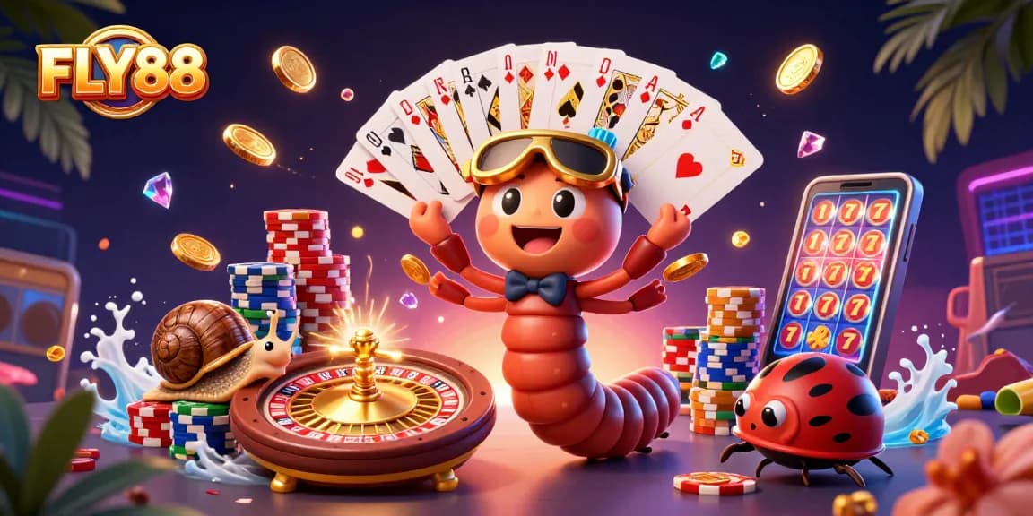 Experience the excitement of FLY88 with a vibrant 3D casino scene featuring colorful characters and dynamic gameplay.