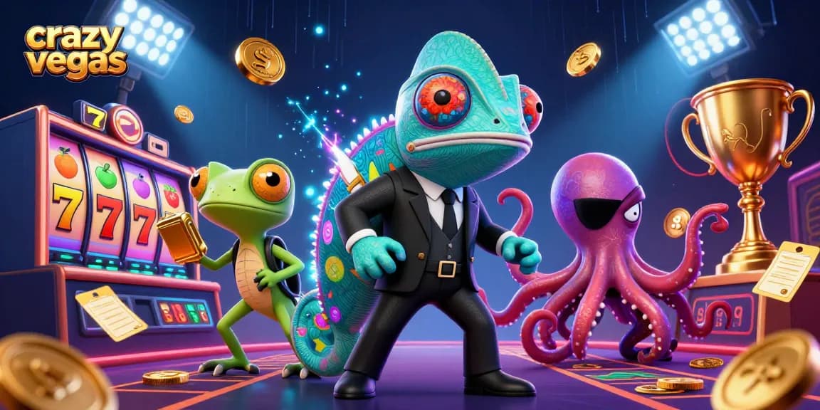 Spin to win with crazyvegas: Exciting 3D illustration of colorful slot reels and animated characters.