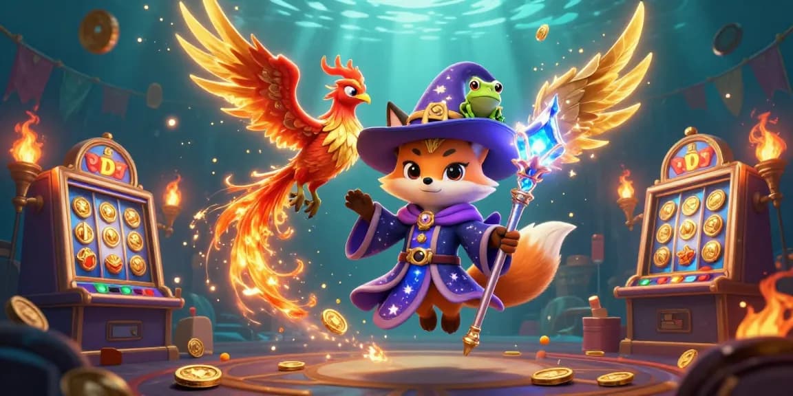 Kuwin invites players to experience thrilling slot adventures with a mystical wizard fox in a vibrant casino scene
