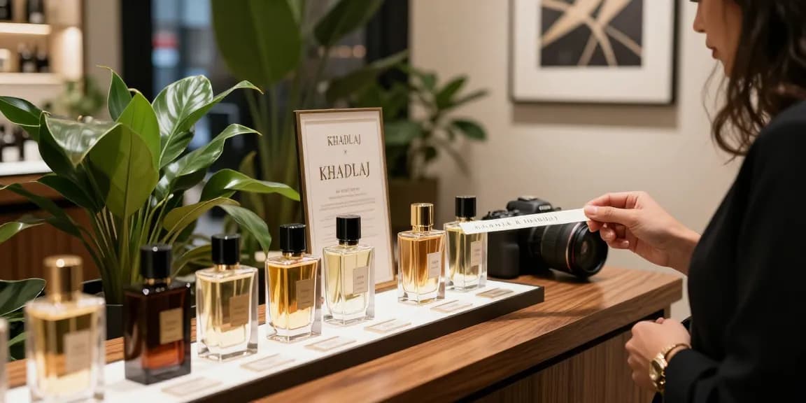 Khadlaj parfum flesjes in een chique boutique, een klant geniet van de geuren.