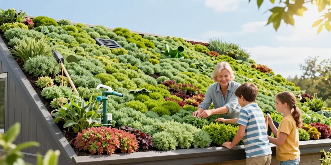 Kleurrijk sedum dak schuin dat huizen transformeert met groen, en familie vreugde toont.
