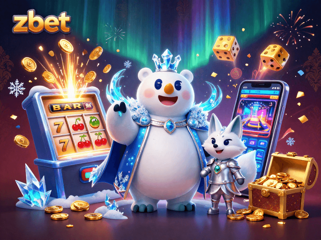 Experience thrilling gameplay with zbet's vibrant 3D scene featuring a polar bear and a fox amidst exciting casino elements.