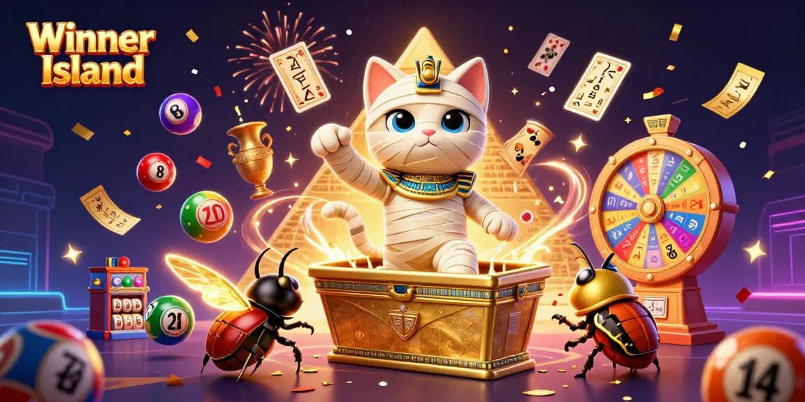 Winner Island features a vibrant 3D casino scene with a mummy cat and golden scarab amidst lottery and bingo elements.