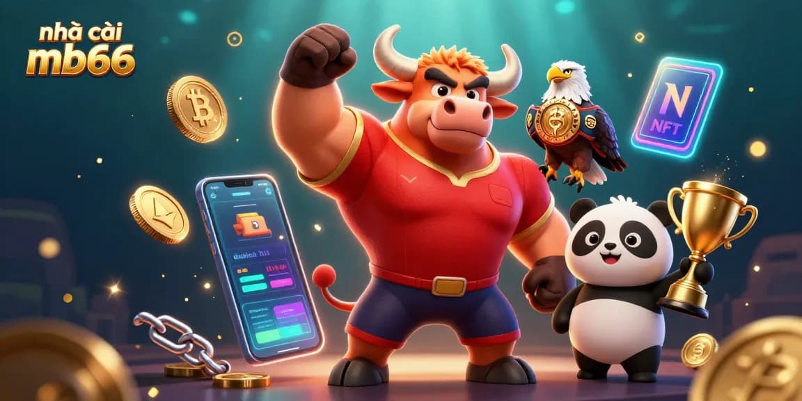 Engage with nhà cái mb66 at the vibrant casino scene showcasing celebration, trophies, and crypto elements.