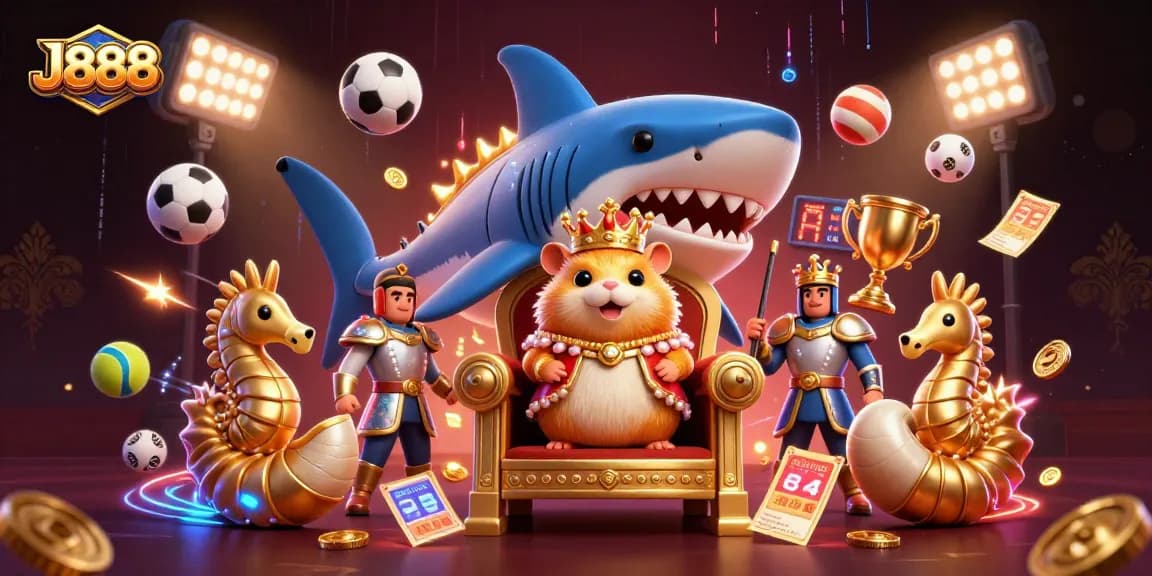 Experience J888 with dynamic sports betting and festive golden elements in a vibrant 3D scene.