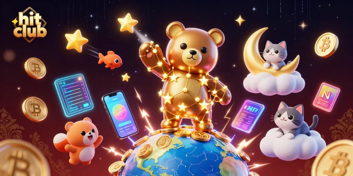 Experience hit club's thrilling gaming action with 3D characters surrounded by vibrant coins.