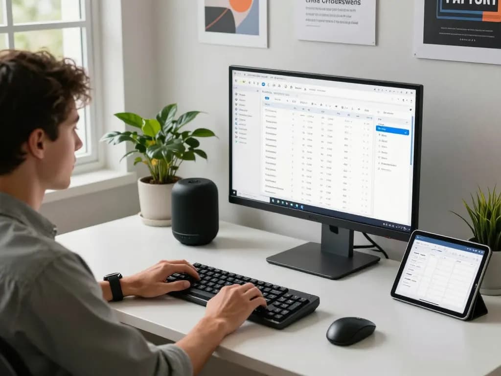 Tech gadgets for productivity in a modern workspace with smart devices and organized desk.