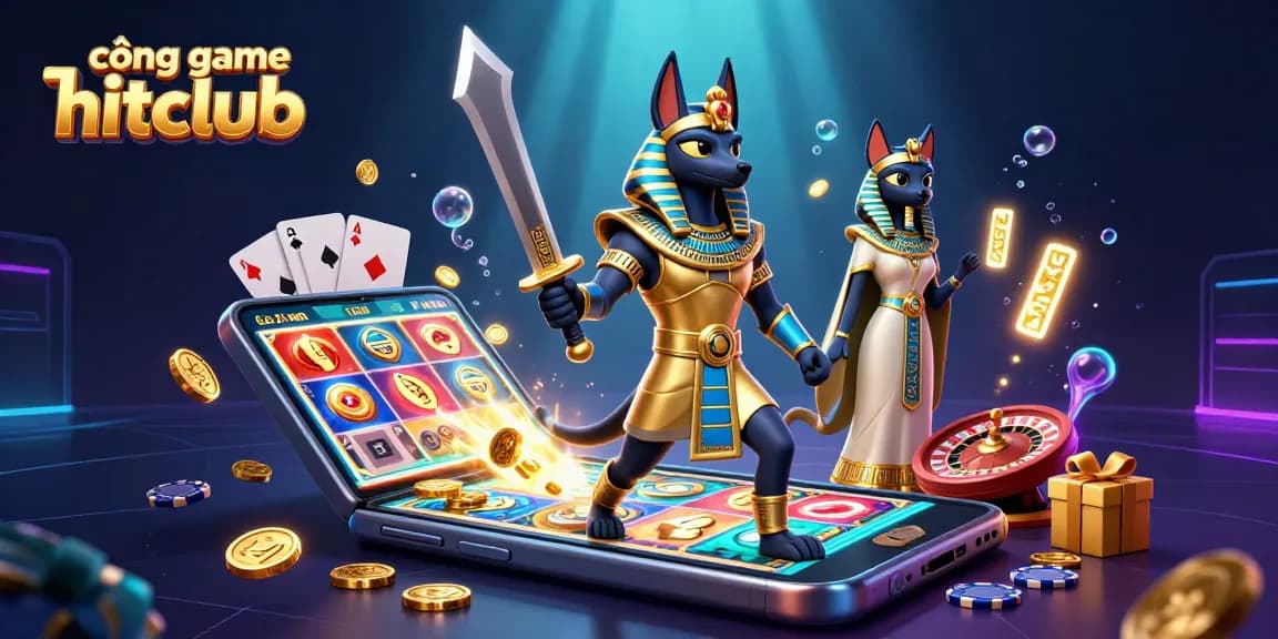 Experience the thrill of cổng game hitclub with Anubis and Bastet in a dynamic casino scene.