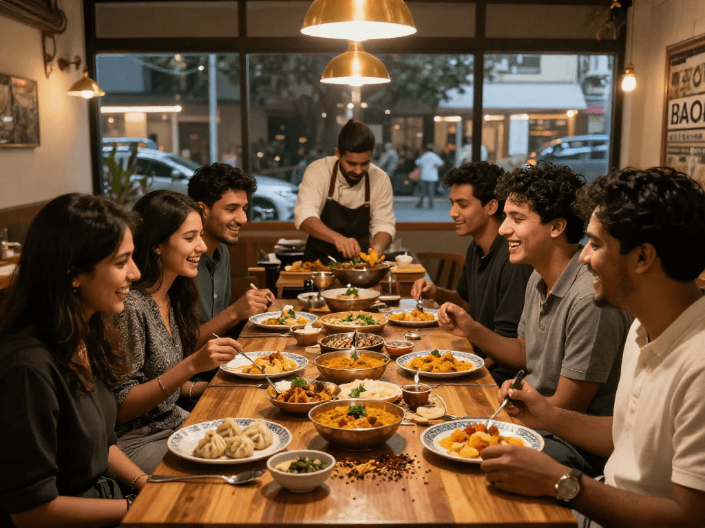 Friends enjoying rokok88 slot login-inspired dining experience with vibrant curry and momo