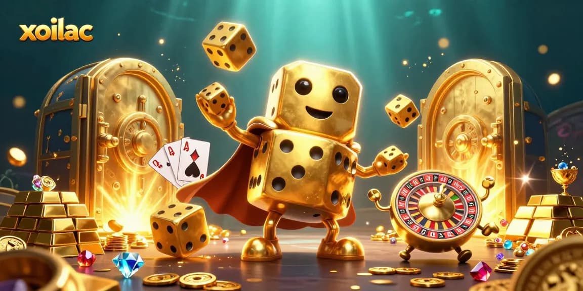 Experience thrilling wins with xoilac's vibrant 3D gambling scene, featuring stunning gold elements.